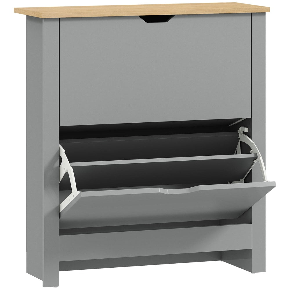 HOMCOM Slim Shoe Cabinet with two flip drawers and a wooden top