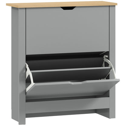 HOMCOM Slim Shoe Cabinet with two flip drawers and a wooden top