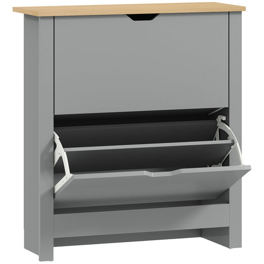 HOMCOM Slim Shoe Cabinet with two flip drawers and a wooden top