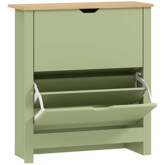 HOMCOM Slim Shoe Cabinet in green with a light wood top and two flip-down drawers