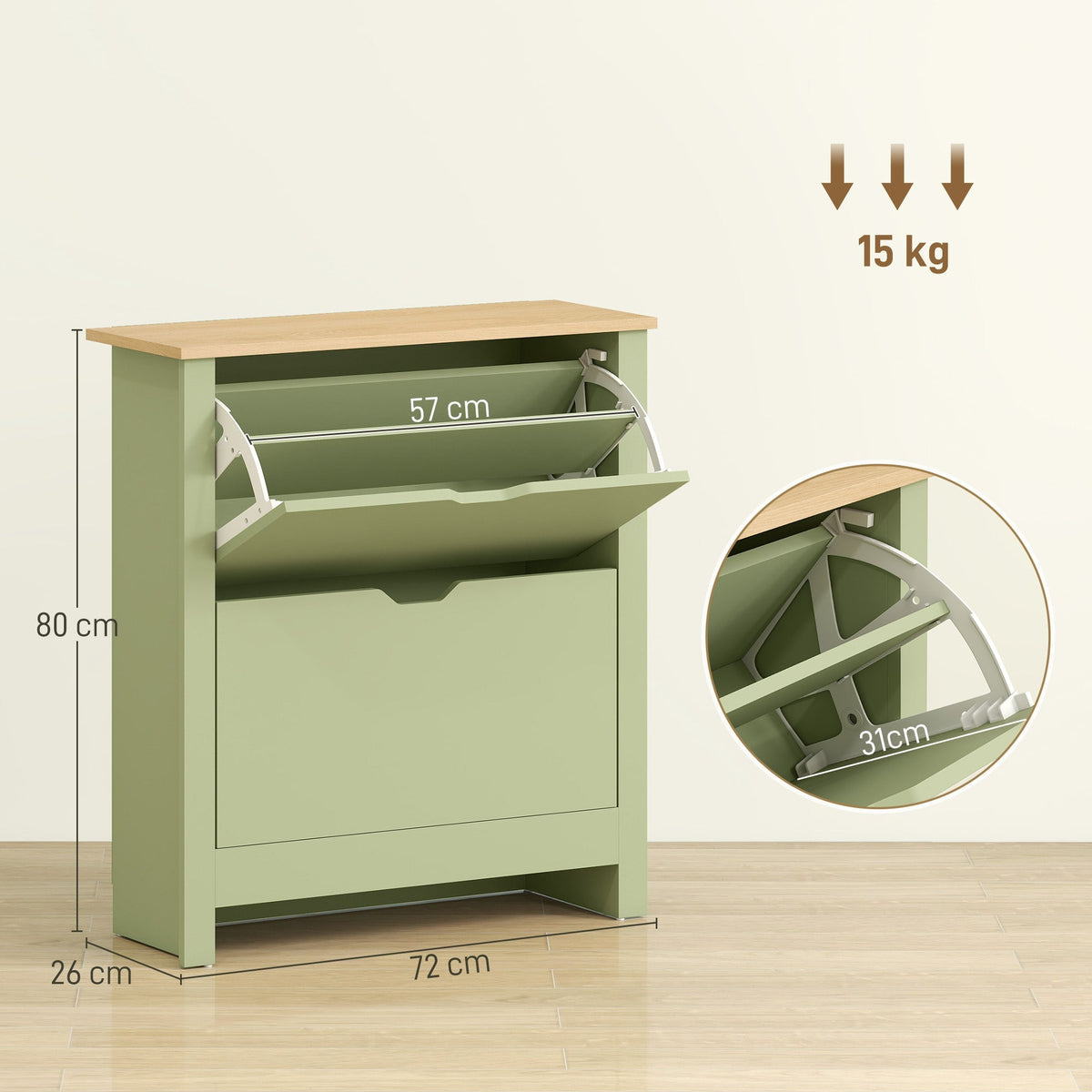This green shoe storage unit has dimensions and weight limit indicated
