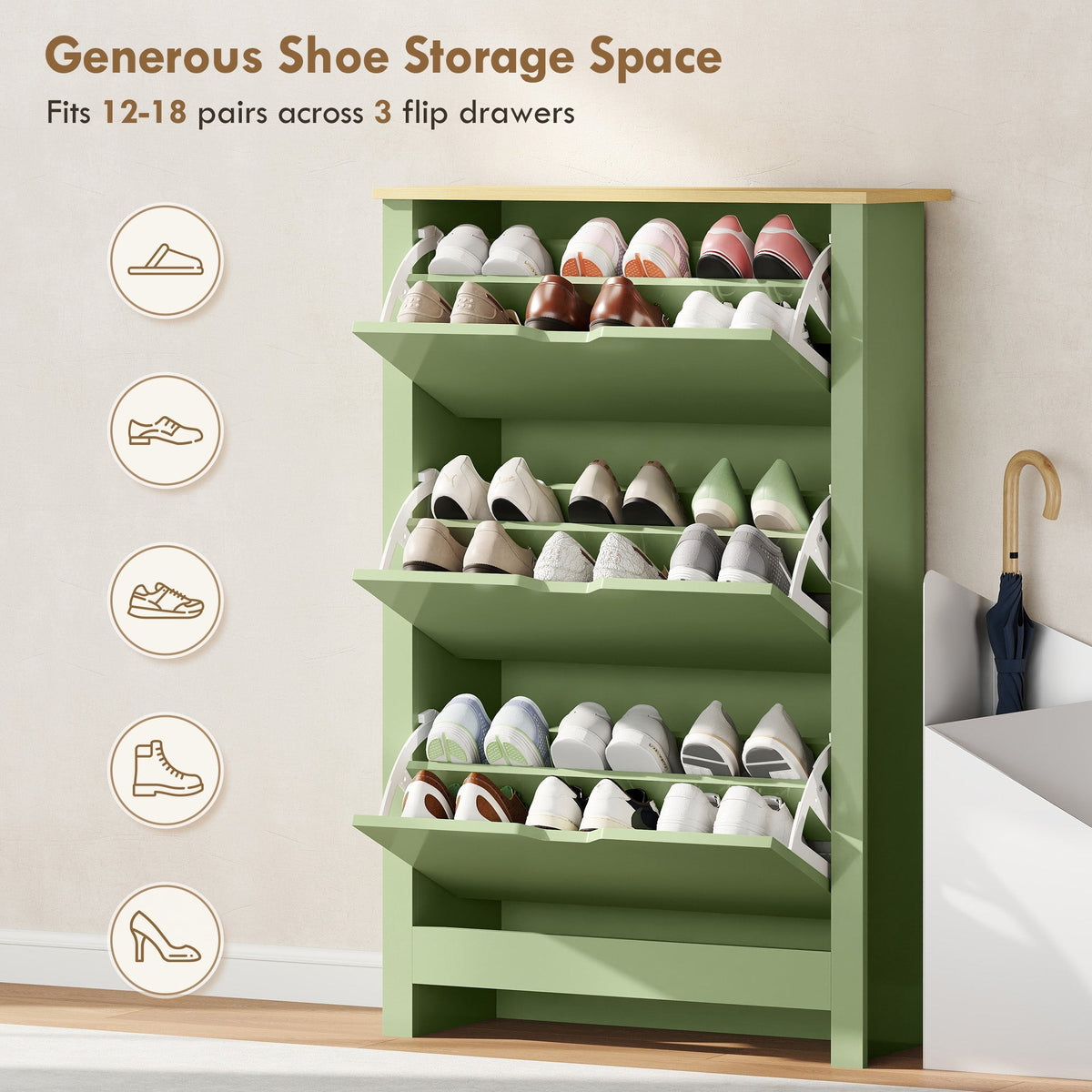 The shoe storage cabinet with all three flip drawers open, displaying capacity for 18 pairs