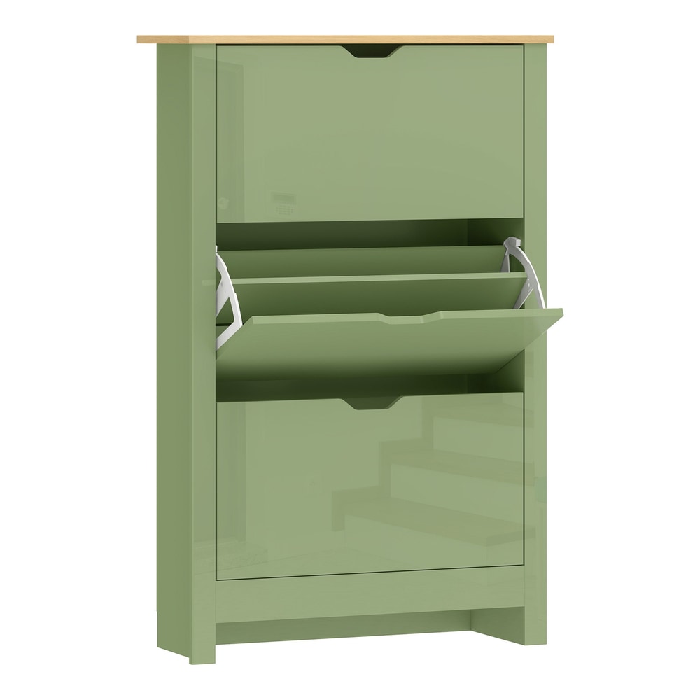 HOMCOM Slim Shoe Cabinet in high gloss green with three flip drawers and a wooden top