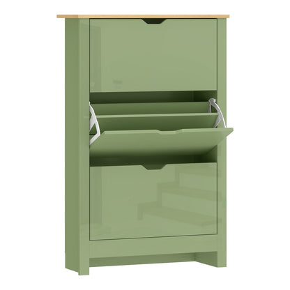 HOMCOM Slim Shoe Cabinet in high gloss green with three flip drawers and a wooden top