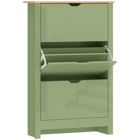 HOMCOM Slim Shoe Cabinet in high gloss green with three flip drawers and a wooden top