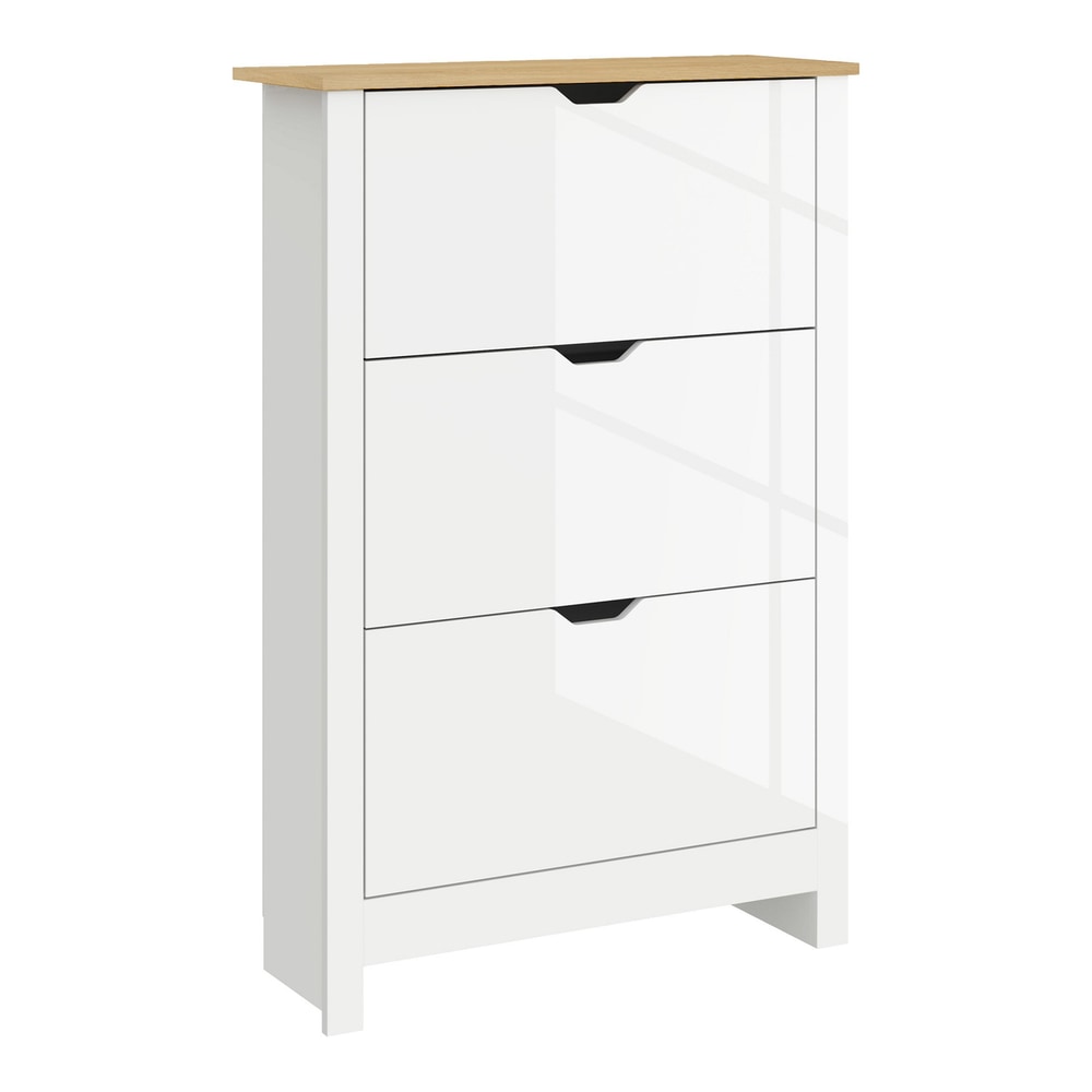 HOMCOM Slim Shoe Cabinet in high gloss white with a wooden top and three closed flip drawers