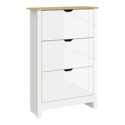 HOMCOM Slim Shoe Cabinet in high gloss white with a wooden top and three closed flip drawers
