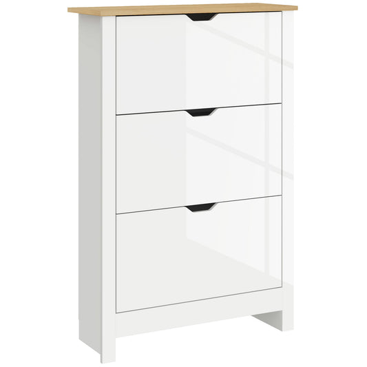 HOMCOM Slim Shoe Cabinet in high gloss white with a wooden top and three closed flip drawers