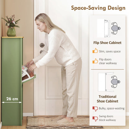 A woman places shoes into the slim shoe cabinet, showing its space-saving design