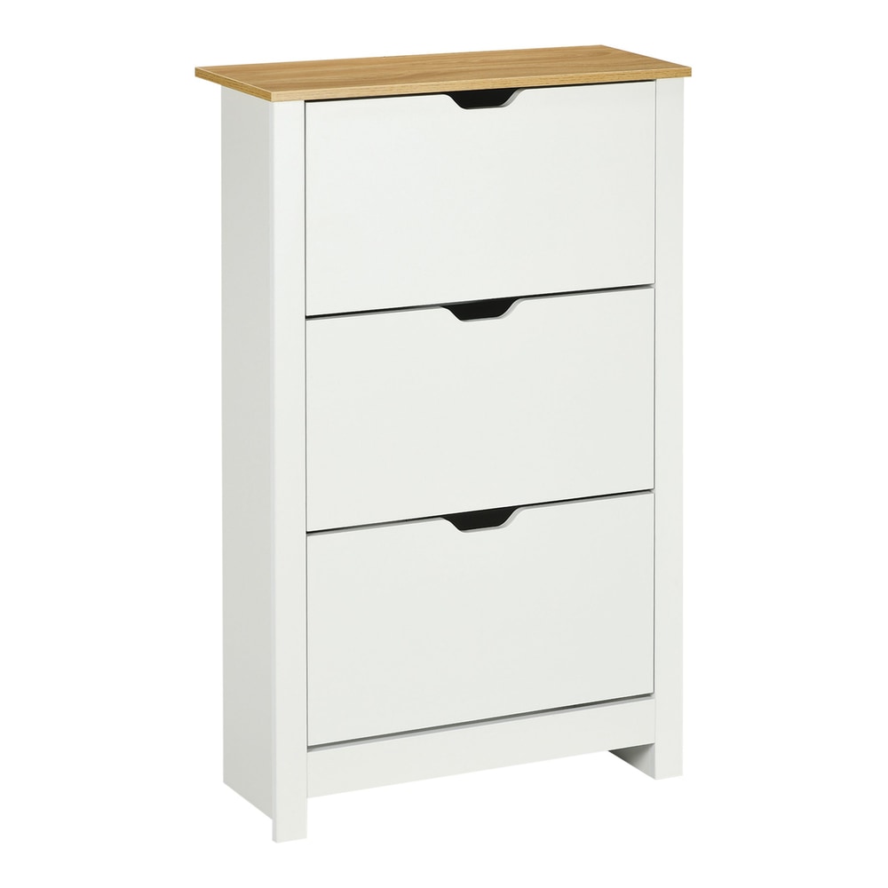 HOMCOM Slim Shoe Cabinet with three white flip drawers and a wood-effect top
