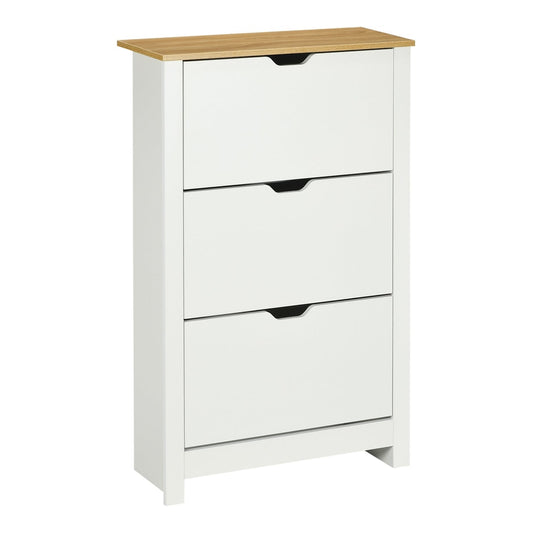HOMCOM Slim Shoe Cabinet with three white flip drawers and a wood-effect top