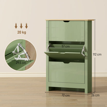 The green shoe storage unit has dimensions shown for height, width, depth and drawer size
