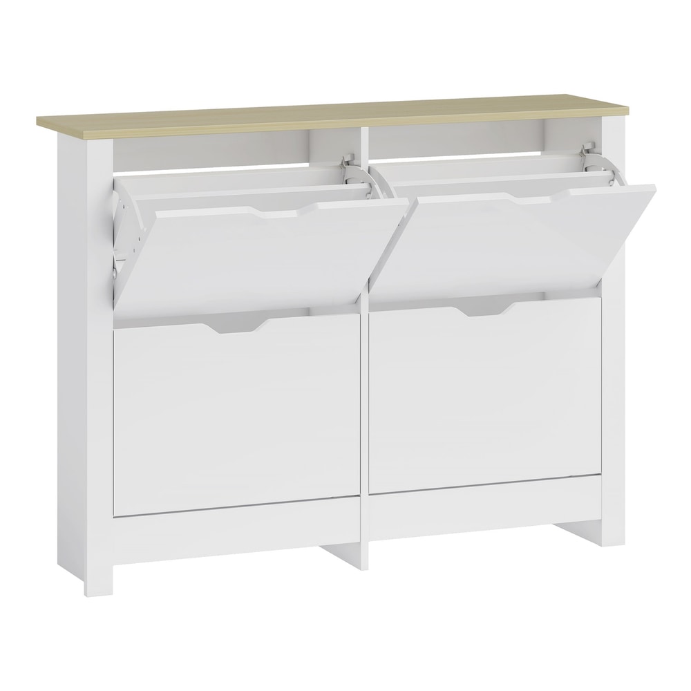 HOMCOM Slim Shoe Cabinet, a white narrow shoe cupboard with four flip drawers and a light wood top