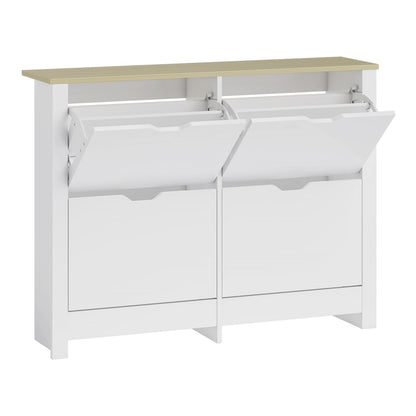 HOMCOM Slim Shoe Cabinet, a white narrow shoe cupboard with four flip drawers and a light wood top