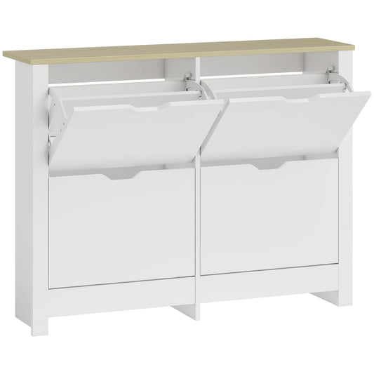 HOMCOM Slim Shoe Cabinet, a white narrow shoe cupboard with four flip drawers and a light wood top