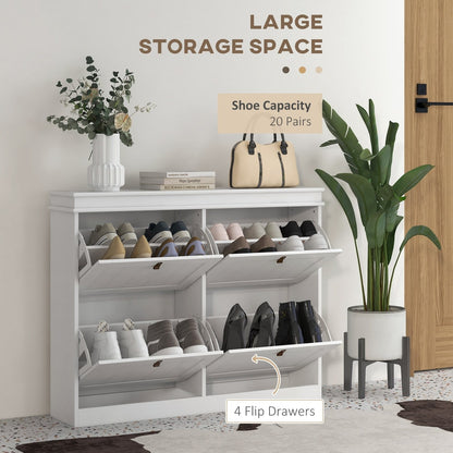 The white shoe storage cabinet with four flip-down drawers open, showing ample shoe capacity