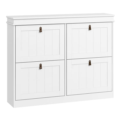 HOMCOM Slim Shoe Cabinet, a white cabinet with four drop-down drawers and wooden handles