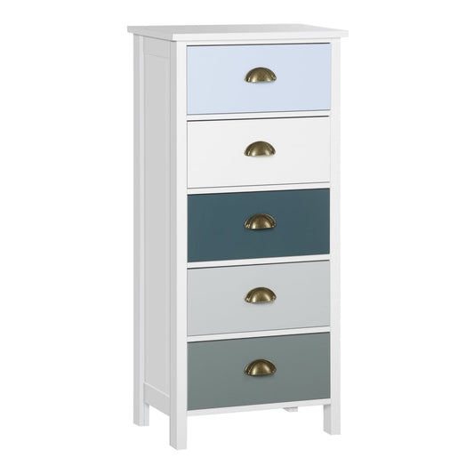 HOMCOM Slim Storage Cabinet Organiser with five drawers in blue, white, grey and teal colours