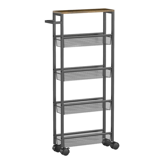 HOMCOM Slim Storage Trolley, a black five-tier kitchen cart with a wood-effect top and wheels