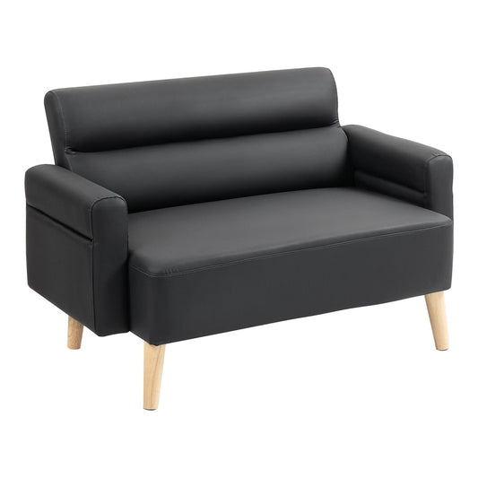 HOMCOM Small Faux Leather 2 Seater Sofa Settee in black, a compact two-seater sofa with wooden legs