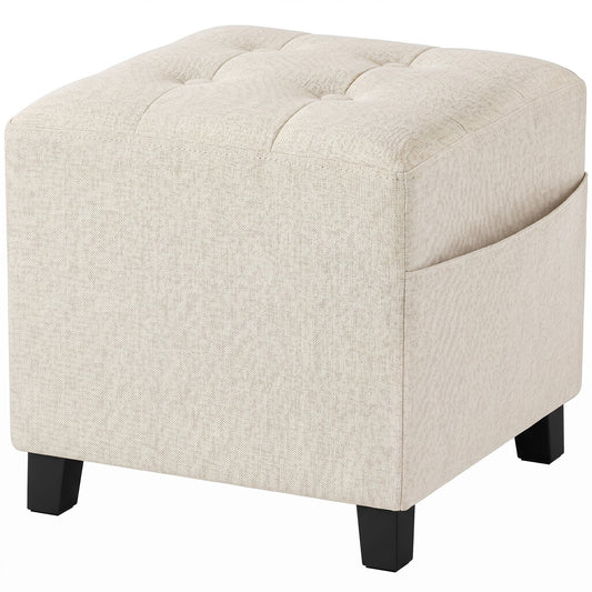 HOMCOM Small Ottoman in beige with a tufted seat and a side pocket on dark wooden legs