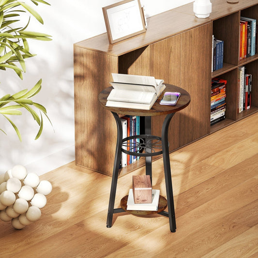 The small round side table with storage shelves in a living room next to a sofa and bookcase