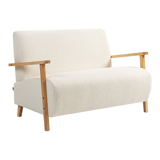 HOMCOM Small Sherpa Fabric 2 Seater Sofa Settee in cream white with wooden arms and legs