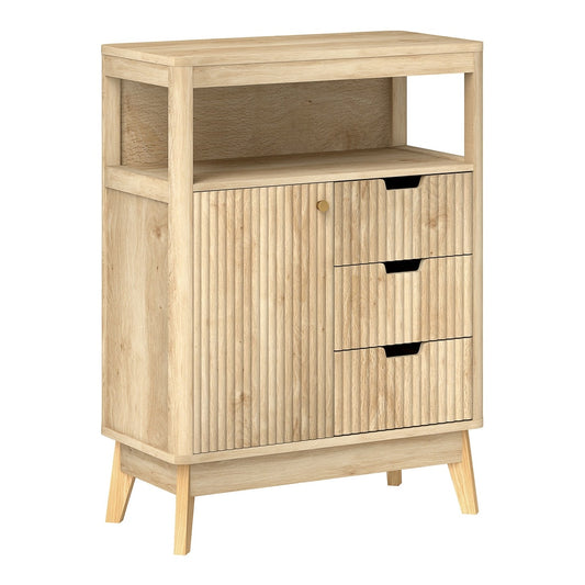 HOMCOM Small Sideboard with Drawers and Adjustable Shelf, a light wood cabinet with fluted doors and three drawers