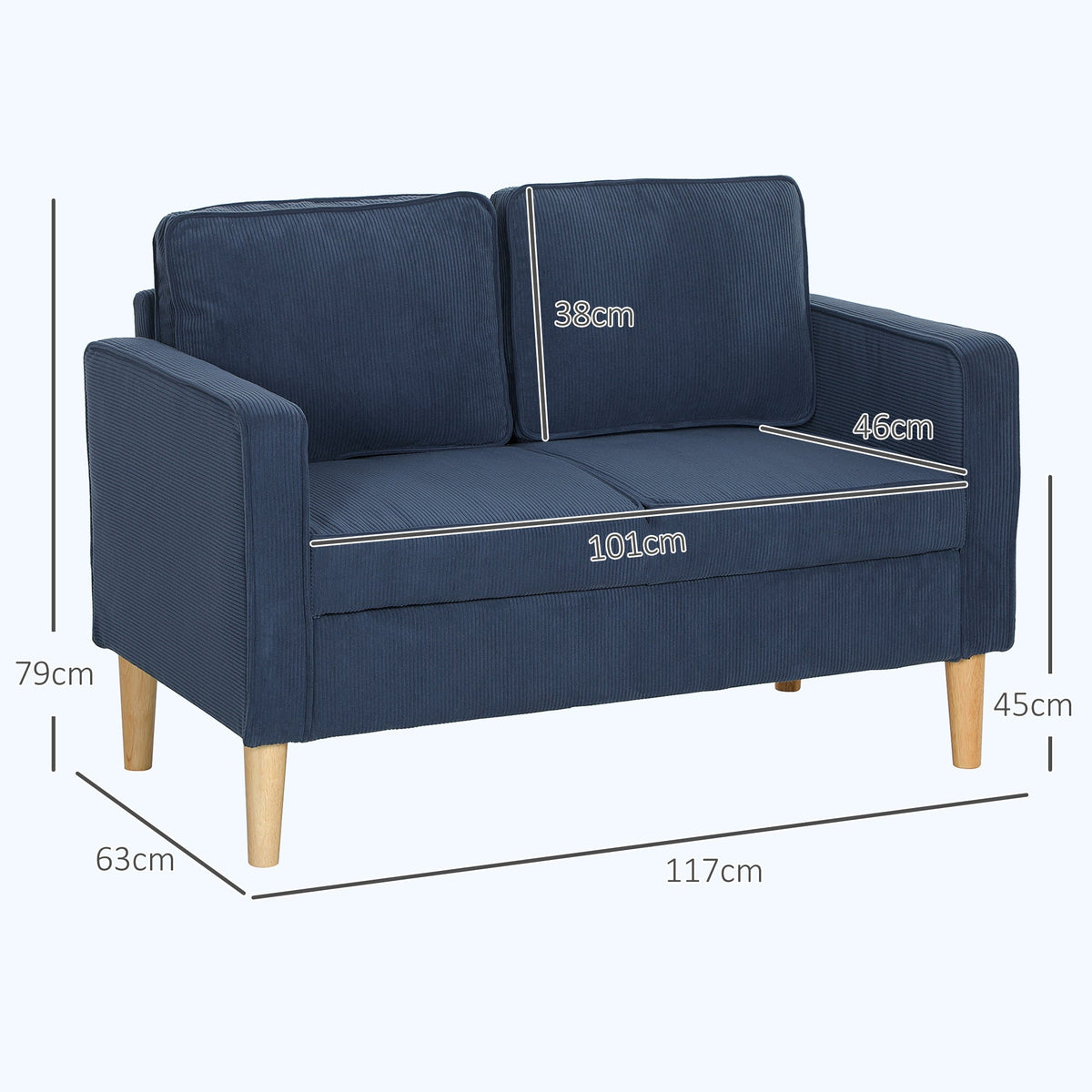 The blue two-seater sofa with white lines and text indicating the dimensions of the furniture