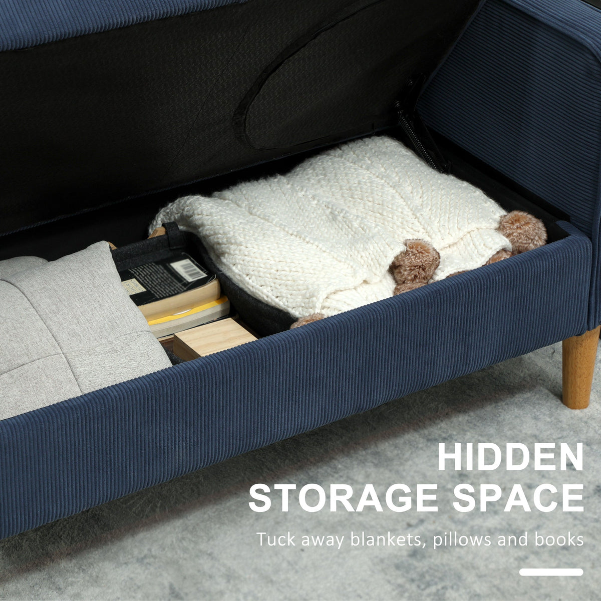 The blue two-seater sofa with the seat lifted to reveal the hidden storage compartment inside