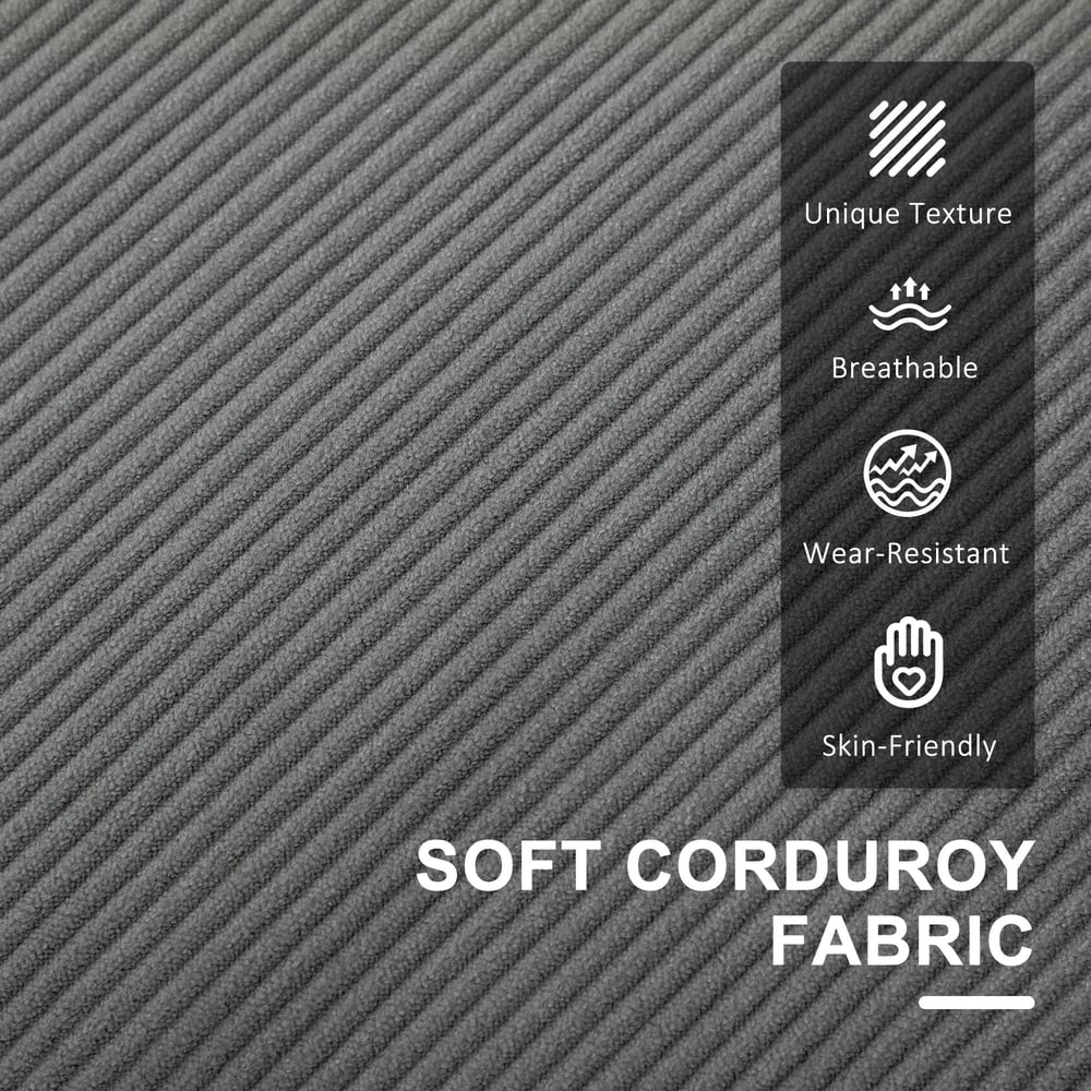 Close-up of the soft grey corduroy fabric on the sofa, highlighting its unique texture