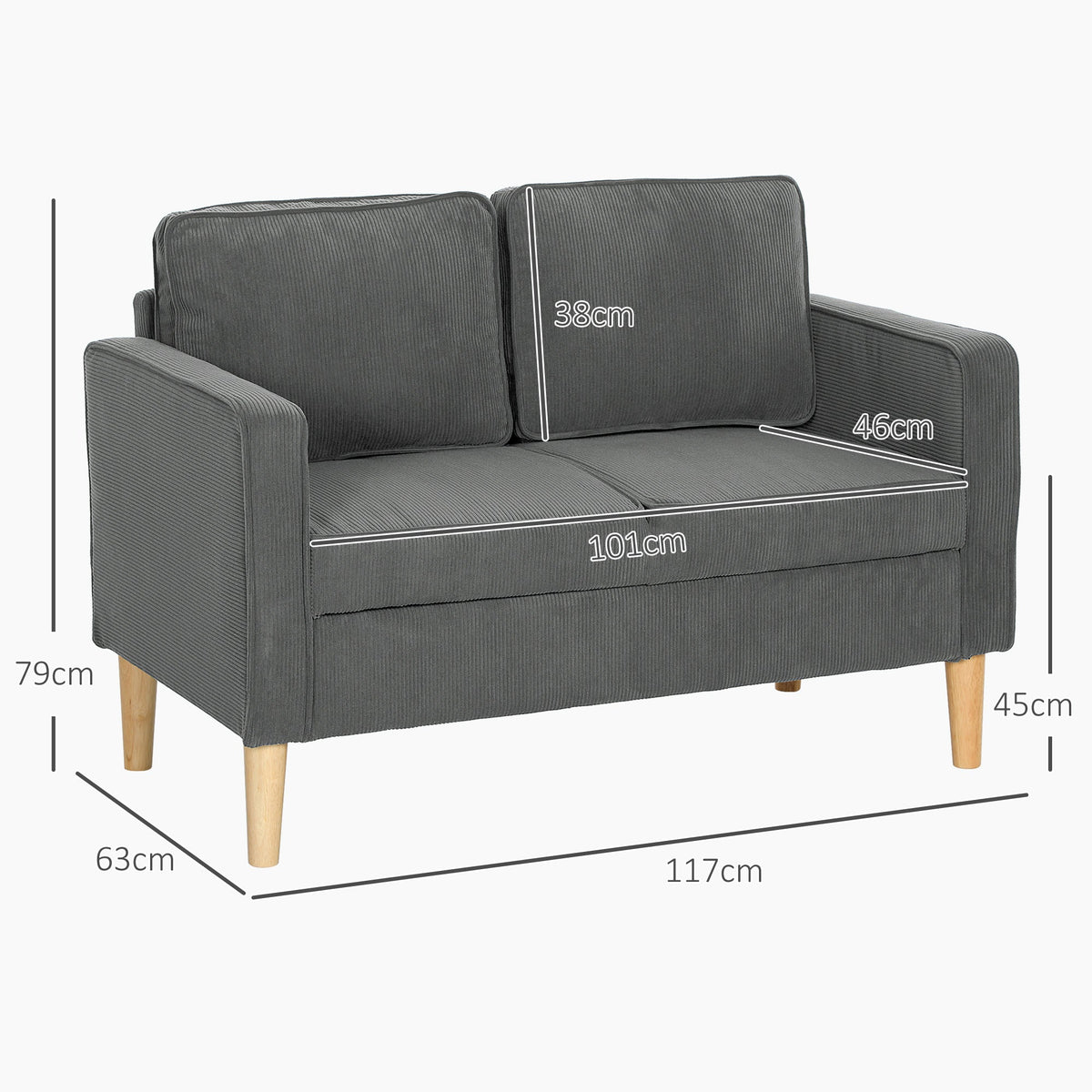 Dimensions diagram of the grey corduroy sofa showing height, width and depth measurements
