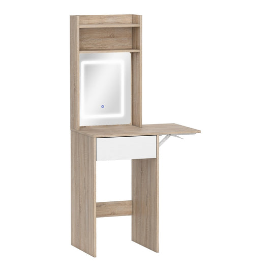 HOMCOM Small Vanity Desk with Mirror and LED Lights, a compact dressing table with a drop leaf and open shelves