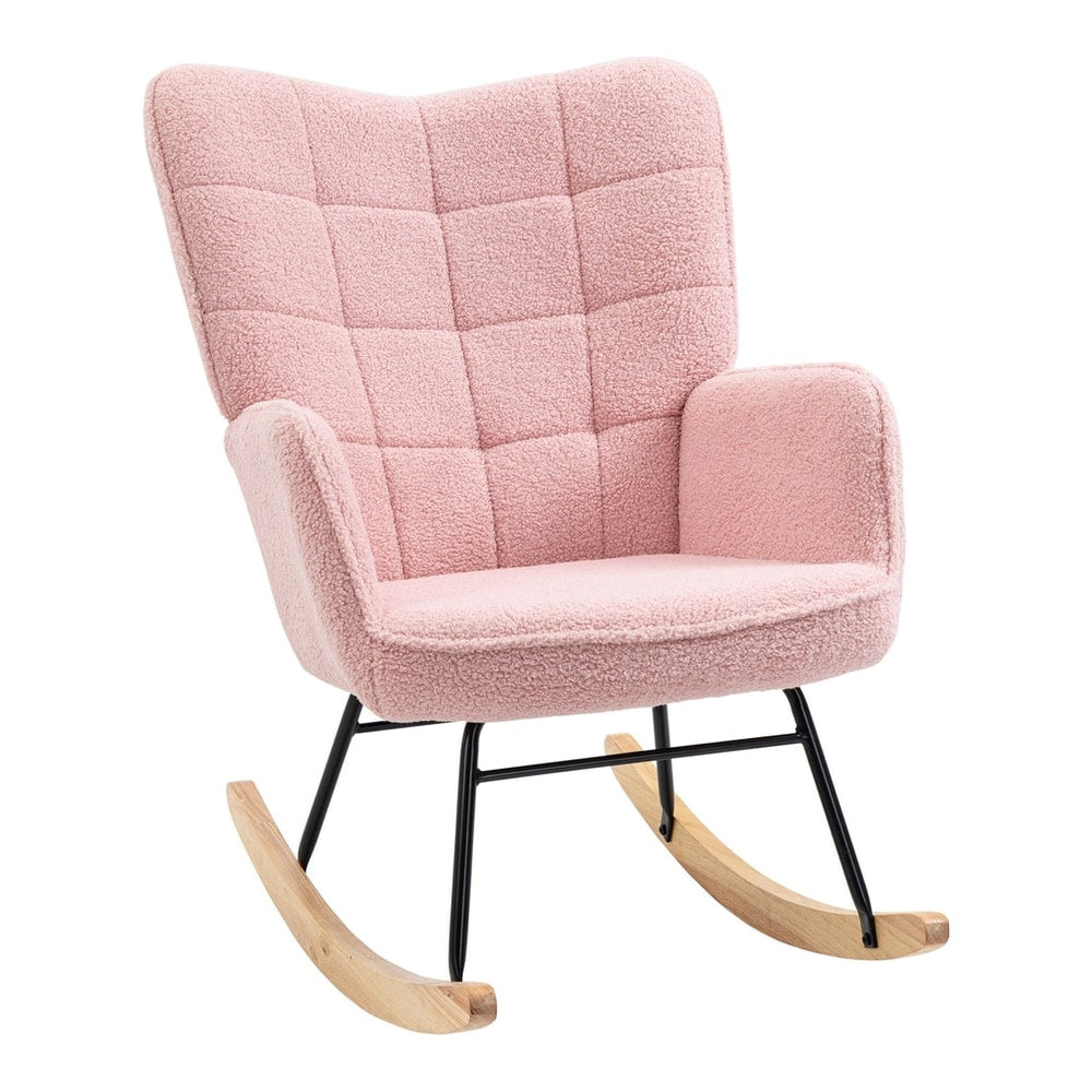HOMCOM Soft Fleecey Rocking Wingback Chair in pink with a tufted backrest and wooden rockers