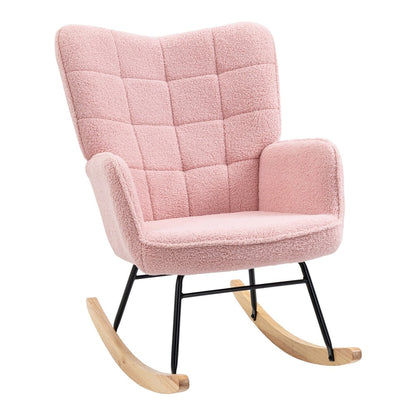 HOMCOM Soft Fleecey Rocking Wingback Chair in pink with a tufted backrest and wooden rockers