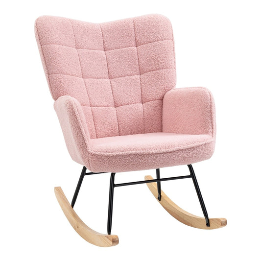 HOMCOM Soft Fleecey Rocking Wingback Chair in pink with a tufted backrest and wooden rockers