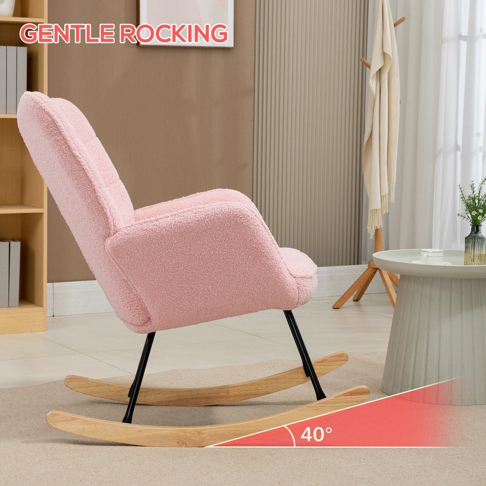 The pink rocking armchair viewed from the side showing the forty degree rocking angle