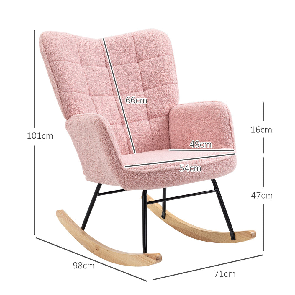 The pink rocking armchair shown with various dimension lines and measurements in centimetres