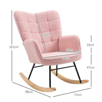 The pink rocking armchair shown with various dimension lines and measurements in centimetres