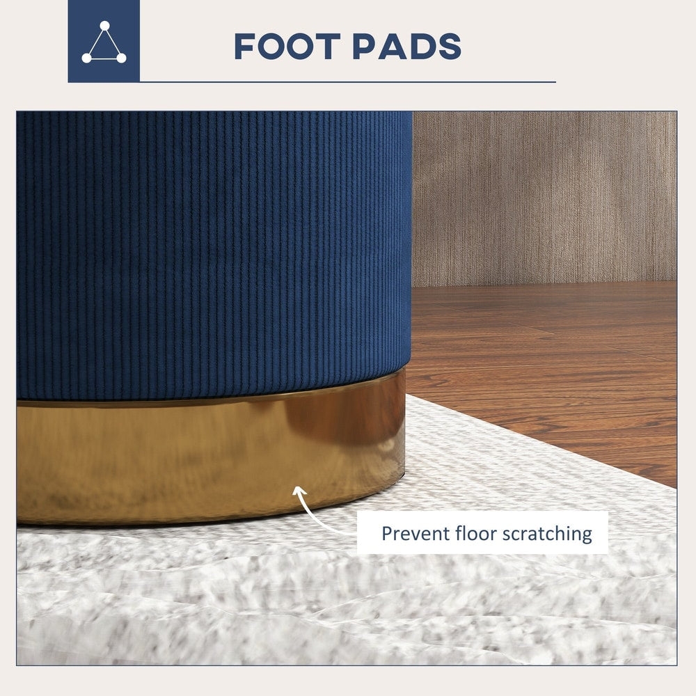 Close up of the gold base and feet of the dark blue footstool