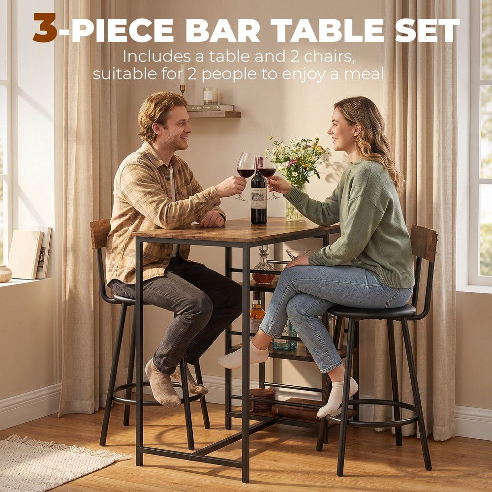 A couple enjoys a meal at the rustic brown breakfast bar table and stools set