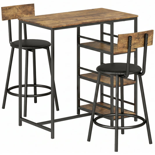 HOMCOM Space Saving Bar Table and PU Leather Stools, a rustic brown breakfast bar table with two stools and storage shelves