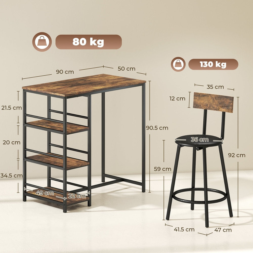 Dimensions diagram for the rustic brown breakfast bar table and stools set
