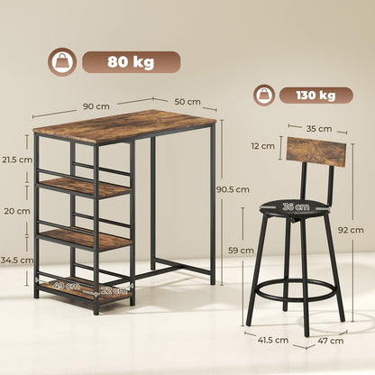 Dimensions diagram for the rustic brown breakfast bar table and stools set