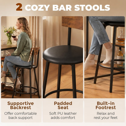 Close-up details of the rustic brown breakfast bar stools, highlighting the padded seat and backrest