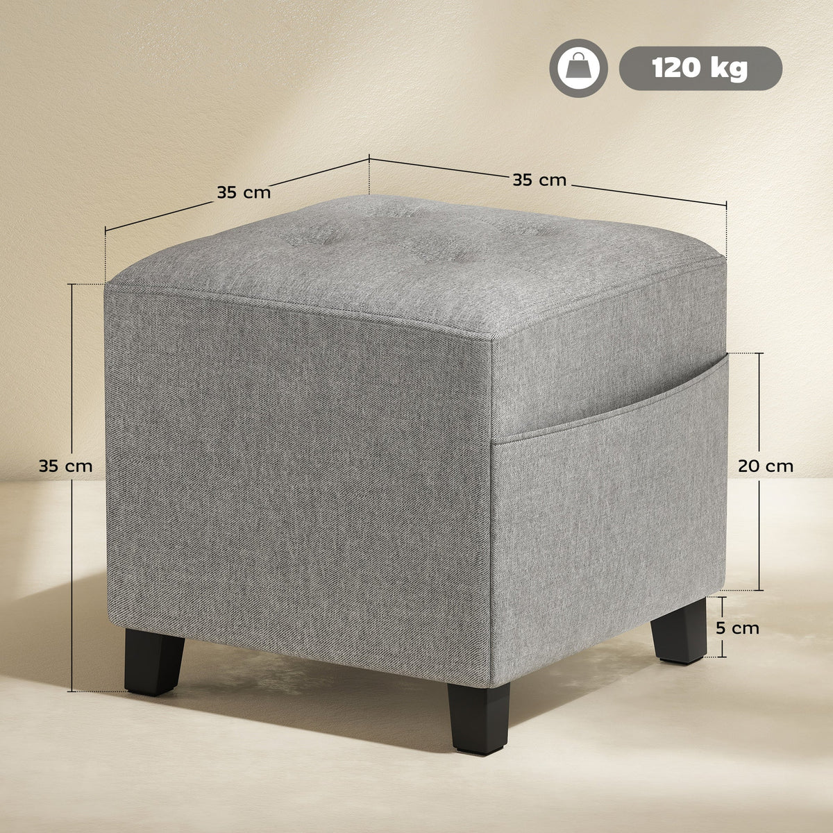 The fabric footrest shown with dimension lines and a weight capacity icon