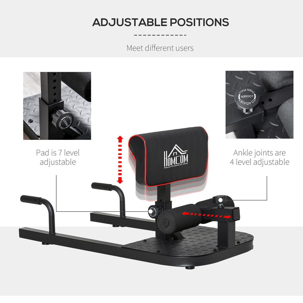 The fitness equipment showing adjustable cushion height and ankle support positions