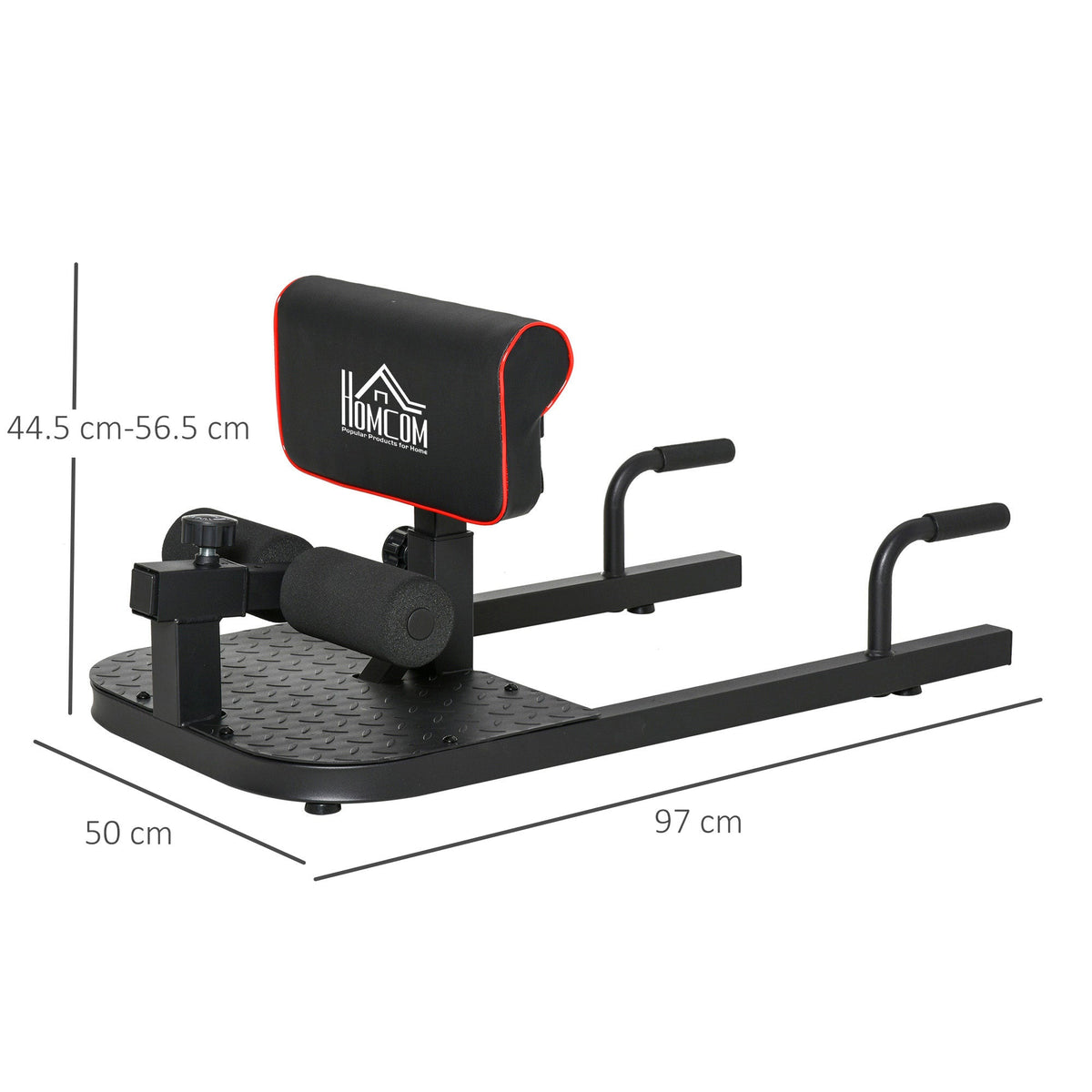 the squat machine with dimension lines showing the height width and length of the frame