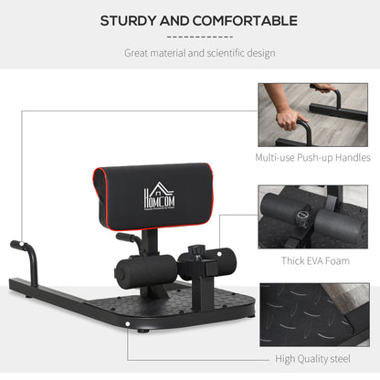 The fitness equipment highlighting the push up handles, foam padding and steel base