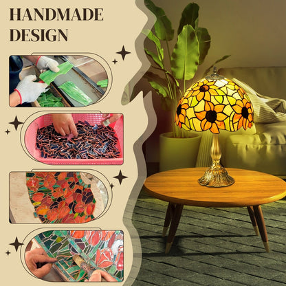 stained glass table lamp being handmade with glass pieces and soldering